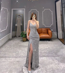 Sparkly Sequins Spaghetti Straps Sequin Side Slit Prom Dress P1495