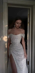 Sparkly Sequins Off Shoulder Side Slit Prom Dress P1496