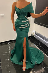 P1496 - Strapless Cap Sleeves Beads Scoop Mermaid Evening Formal Dress with Split
