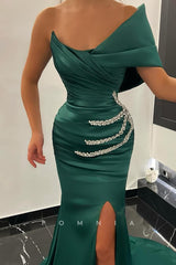 P1496 - Strapless Cap Sleeves Beads Scoop Mermaid Evening Formal Dress with Split