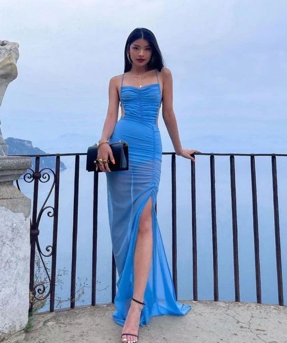 Blue Sexy Long Prom Dress See-through Prom Dress Beach Dress P1497