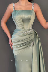 P1497 - Sheath/Column Straps Square Beads Pleats Straight Long Prom Evening Formal Dress