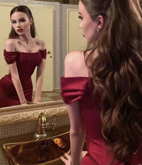 Sexy Mermaid Off the Shoulder Long Burgundy Prom Dresses with Lace Up P1499