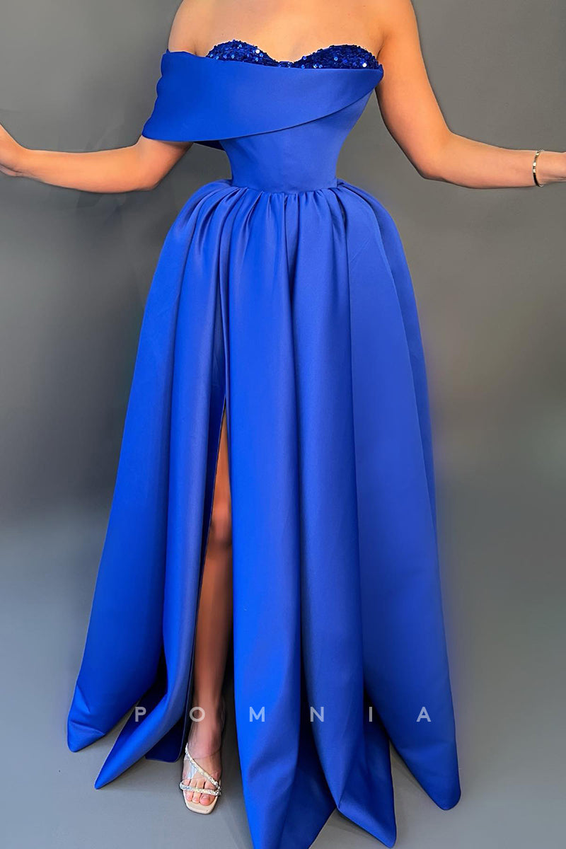 P1499 - A-Line Strapless Sweetheart Pleated Cap Sleeves Long Prom Evening Dress with Split