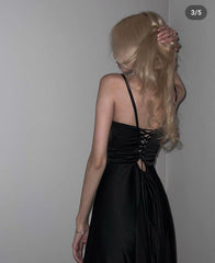 Sexy A Line Straps Long Black Slit Prom Dresses P1500