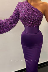 P1501 - Mature One Shoulder Long Sleeves Beads Straight Evening Formal Dress