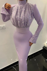 P1502 - High Neck Sequins Top Ruched Sheath Long Sleeves Evening Formal Dress