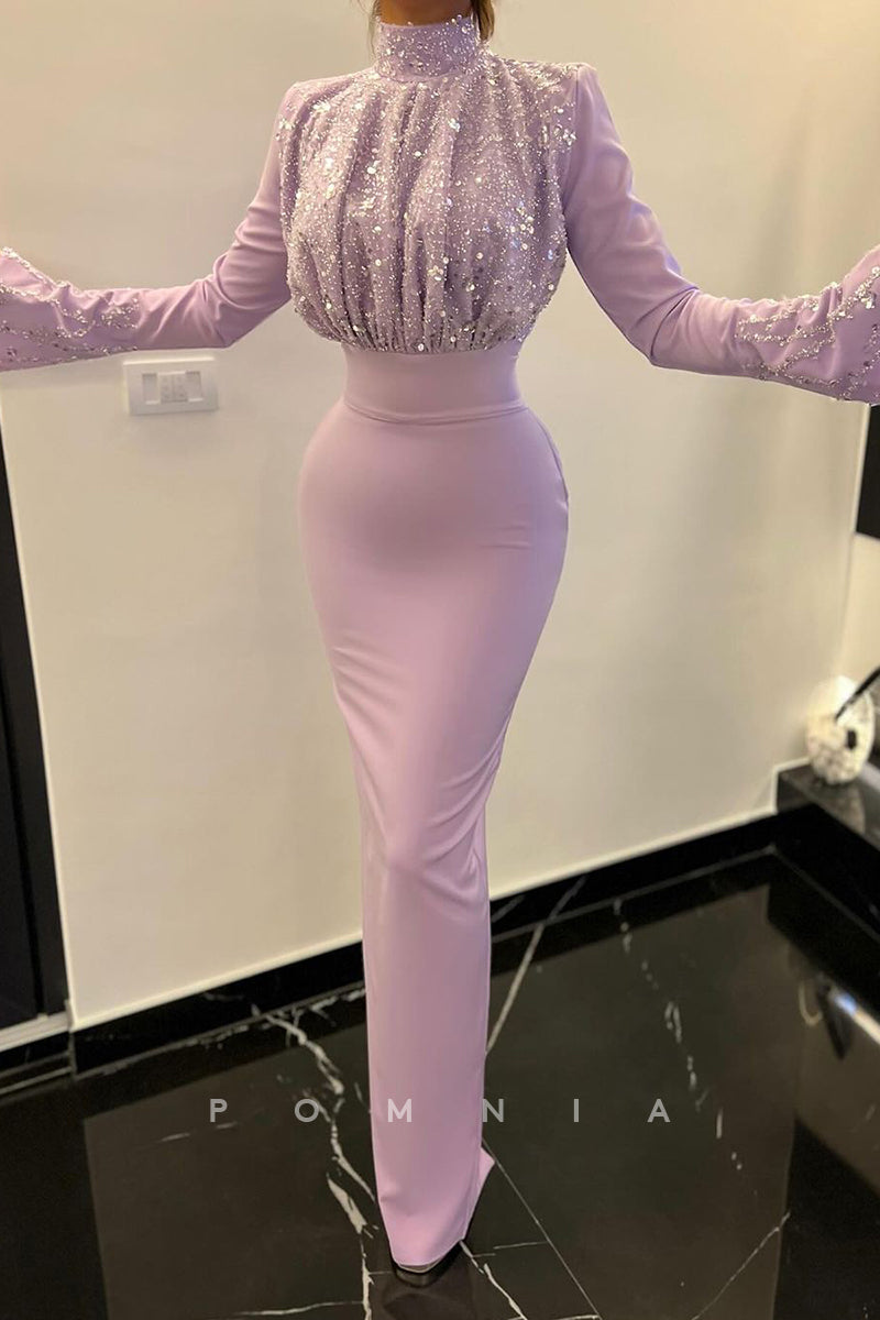 P1502 - High Neck Sequins Top Ruched Sheath Long Sleeves Evening Formal Dress