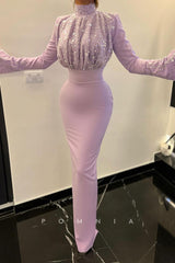 P1502 - High Neck Sequins Top Ruched Sheath Long Sleeves Evening Formal Dress
