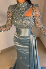 P1503 - Glitter High Neck Top Beading Long Sleeves Pleated Evening Formal Dress