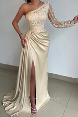 P1504 - Classy One Shoulder Top Lace Long Sleeves Prom Evening Formal Dress with Split