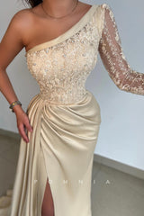 P1504 - Classy One Shoulder Top Lace Long Sleeves Prom Evening Formal Dress with Split