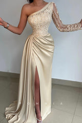 P1504 - Classy One Shoulder Top Lace Long Sleeves Prom Evening Formal Dress with Split