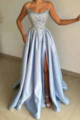 P1505 - A-Line Strapless Beads Scoop Sleeveless Pleates Long Prom Party Evening Dress