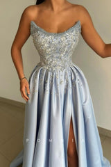 P1505 - A-Line Strapless Beads Scoop Sleeveless Pleates Long Prom Party Evening Dress