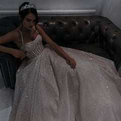 Sparkly Charming A line Spaghetti Straps Long Sequin Prom Dress P1506