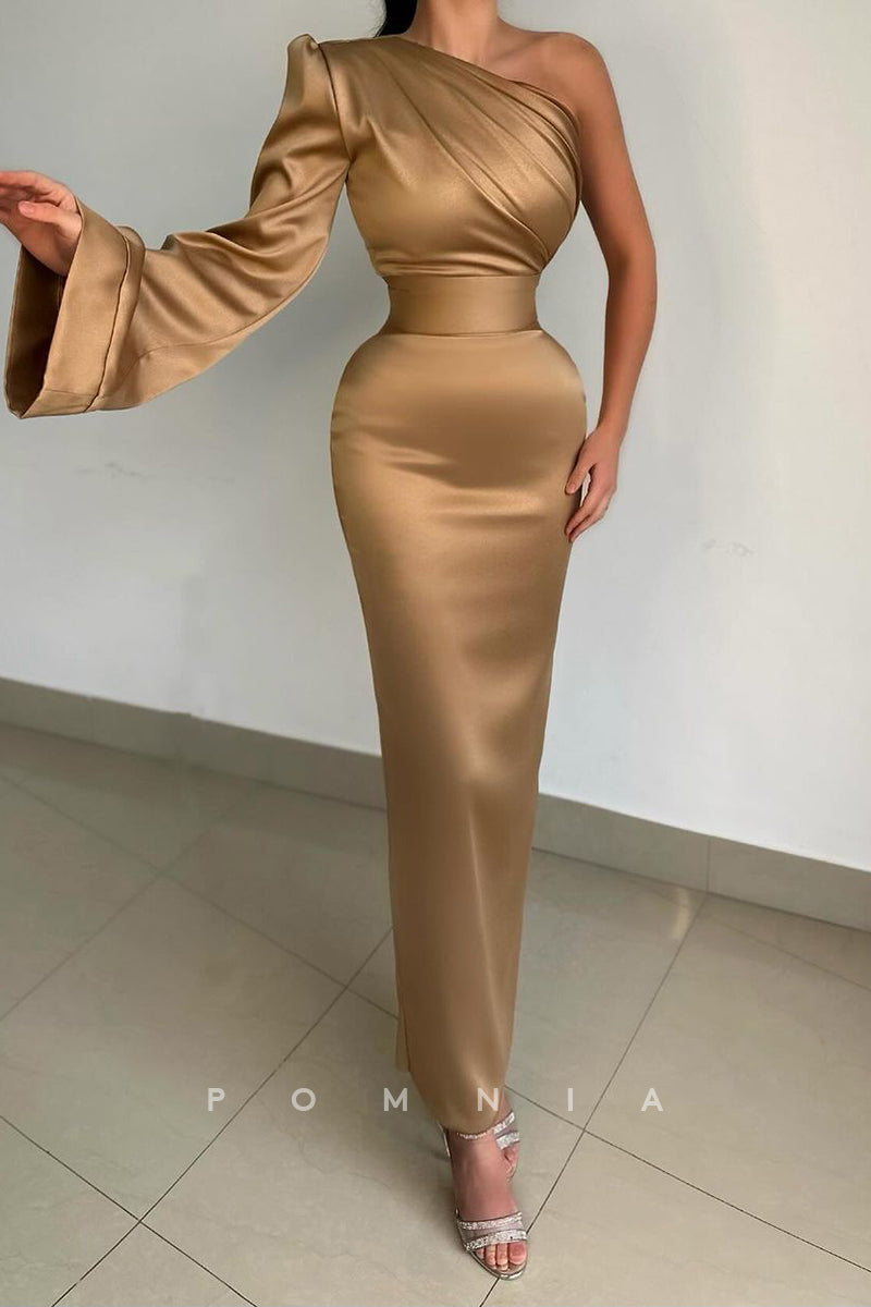 P1506 - One Shoulder Long Sleeves Pleats Stright Satin Long Evening Formal Dress