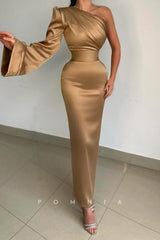 P1506 - One Shoulder Long Sleeves Pleats Stright Satin Long Evening Formal Dress