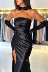 P1507 - Unique Off-Shoulder Pleats Scoop Side Split Long Satin Prom Party Dress with Ribbon