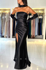 P1507 - Unique Off-Shoulder Pleats Scoop Side Split Long Satin Prom Party Dress with Ribbon