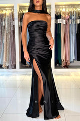 P1507 - Unique Off-Shoulder Pleats Scoop Side Split Long Satin Prom Party Dress with Ribbon