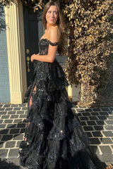 A line Off Shoulder Black Lace Long Prom Dress With High Slit P1513