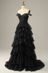 A line Off Shoulder Black Lace Long Prom Dress With High Slit P1513