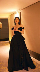 A line Off Shoulder Black Long Prom Dress With High Slit P1514