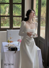 Sexy A line Square Neckline Long Sleeves White Prom Dress P1528