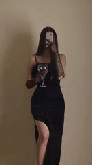 Sexy Sheath Straps Long Black Velvet Slit Feathers Prom Dress P1538