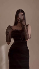 Sexy Sheath Straps Long Black Velvet Slit Feathers Prom Dress P1538