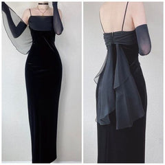 Vintage Sheath Straps Black Velvet Prom Dress P1546