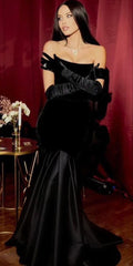 Sexy Mermaid Strapless Velvet Long Black Prom Dress With Gloves P1552