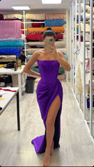 Sexy Mermaid Strapless Long Grape Prom Dress With Slit P1553