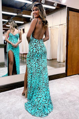 P1557 - Unique Spaghetti Straps V-Neck Sequined High Split Prom Party Dress