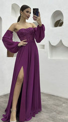 Simple A line Strapless Long Grape Chiffon Prom Dress P1558