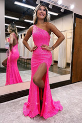 P1559 - Sloping Shoulder Glitter Side Split Mermaid/Trumpet Sleeveless Prom Party Dress