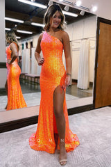 P1559 - Sloping Shoulder Glitter Side Split Mermaid/Trumpet Sleeveless Prom Party Dress