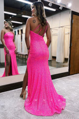 P1559 - Sloping Shoulder Glitter Side Split Mermaid/Trumpet Sleeveless Prom Party Dress