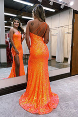 P1559 - Sloping Shoulder Glitter Side Split Mermaid/Trumpet Sleeveless Prom Party Dress