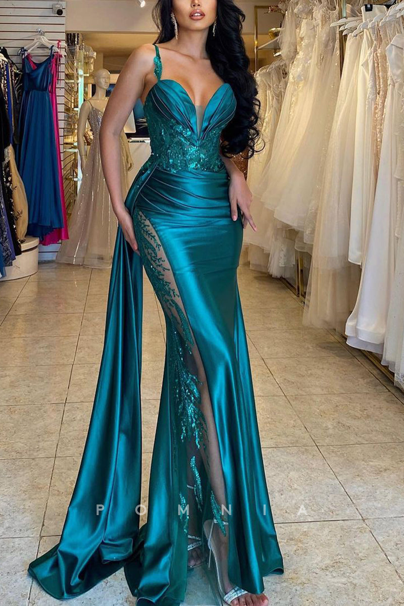 P1567 - Sheath Straps Deep V-Neck Hollow Appliques Pleats Prom Evening Formal Dress