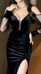 Sexy Mermaid Straps Long Sleeves Black Prom Dresses P1573