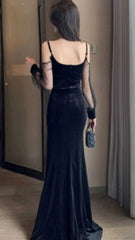Sexy Mermaid Straps Long Sleeves Black Prom Dresses P1573