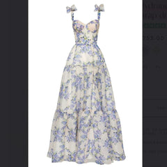 Sexy A line Long Blue Floral Prom Dress Blue and White Party Dresses P1590