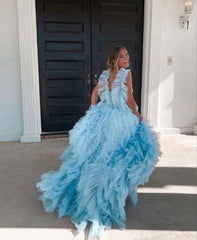 Sky Blue New Style Long Prom Dress Puffy Sleeveless Party Dresses P1593