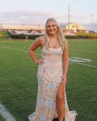 Sparkly Mermaid Straps Backless Slit Prom Dress Sequin Party Dresses P1607