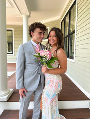 Sparkly Mermaid Straps Backless Slit Prom Dress Sequin Party Dresses P1607