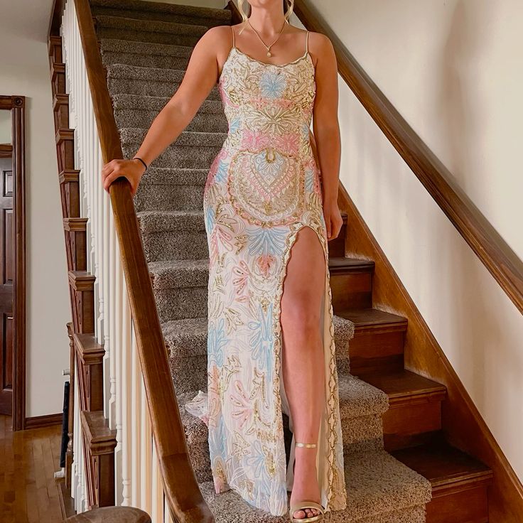 Sparkly Mermaid Straps Backless Slit Prom Dress Sequin Party Dresses P1607