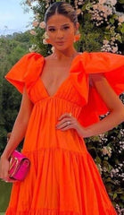 Sexy A line V neckline Organge Prom Dress Long Party Dresses P1611