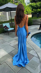 Sexy Mermaid Straps Neckline Backles Blue Long Prom Dress P1626